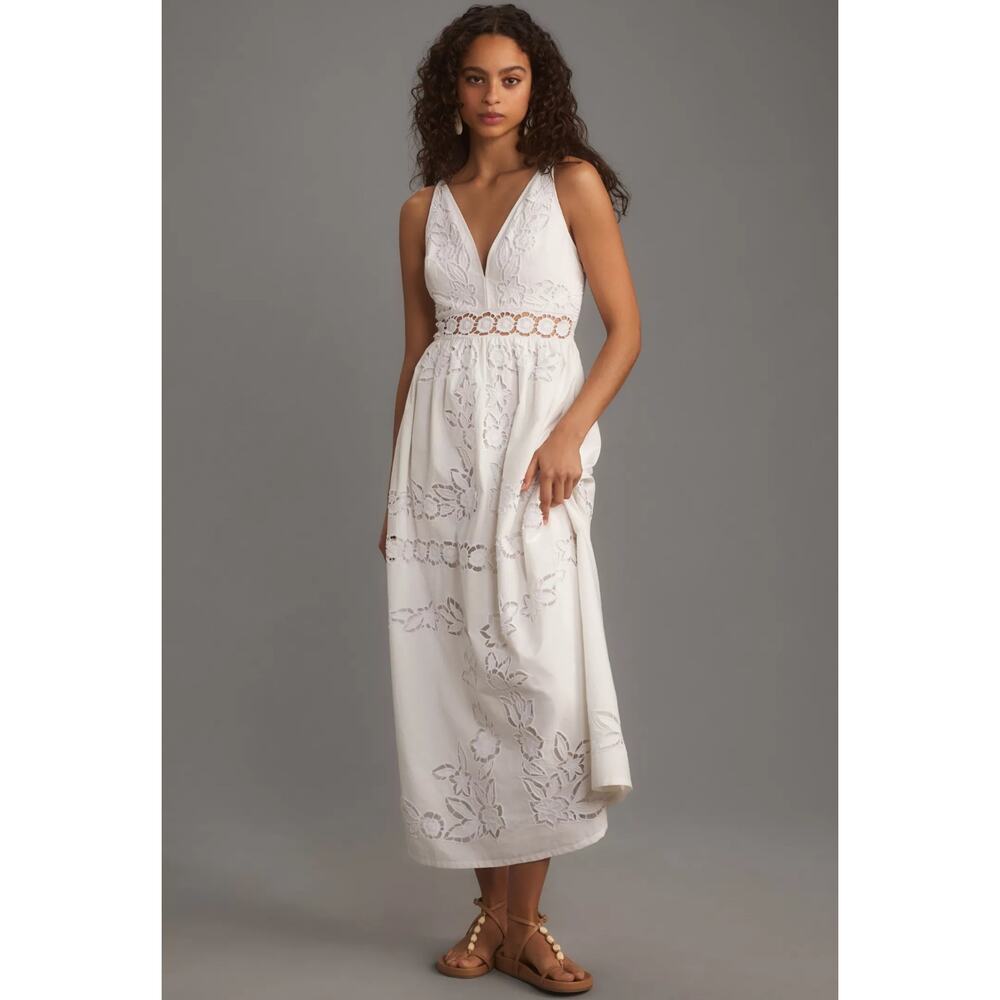 NWT Anthropologie Vineet Bahl Sleeveless V-Neck Floral Cutwork Midi Dress $278
